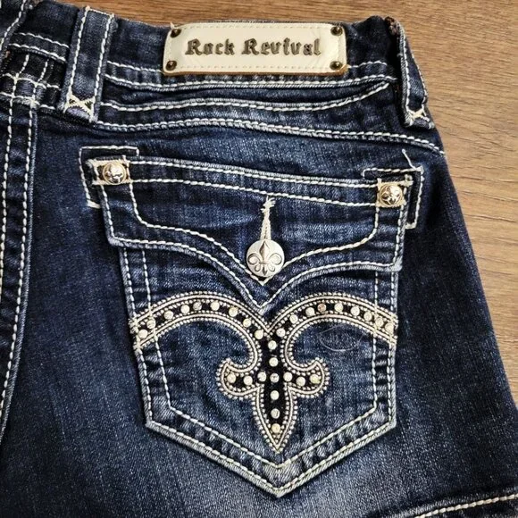 Rock Revival SASHA H32 Shorts Women's Size 29 Bling Pocket Flaps Thick Stitch - Picture 3 of 15
